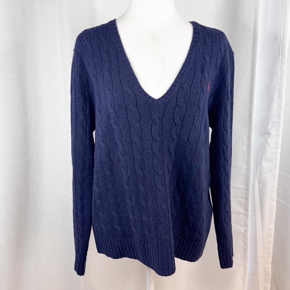 Polo Ralph Lauren Cable Knit Sweater Womens XL Wool Cashmere V Neck Classic